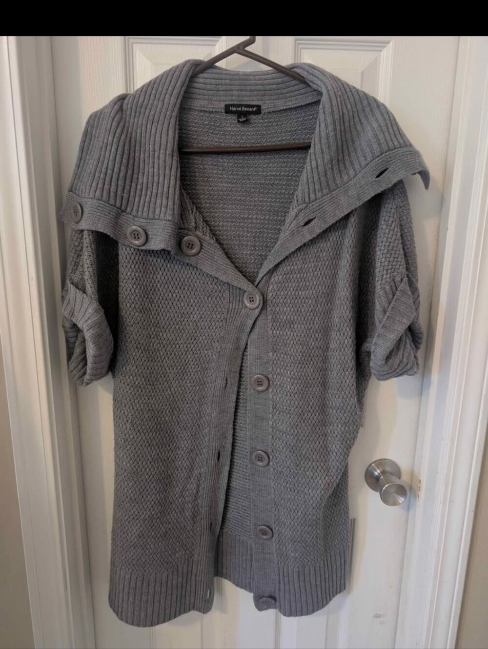 Harve Benard Gray Short-Sleeve Button Front Shawl Cardigan